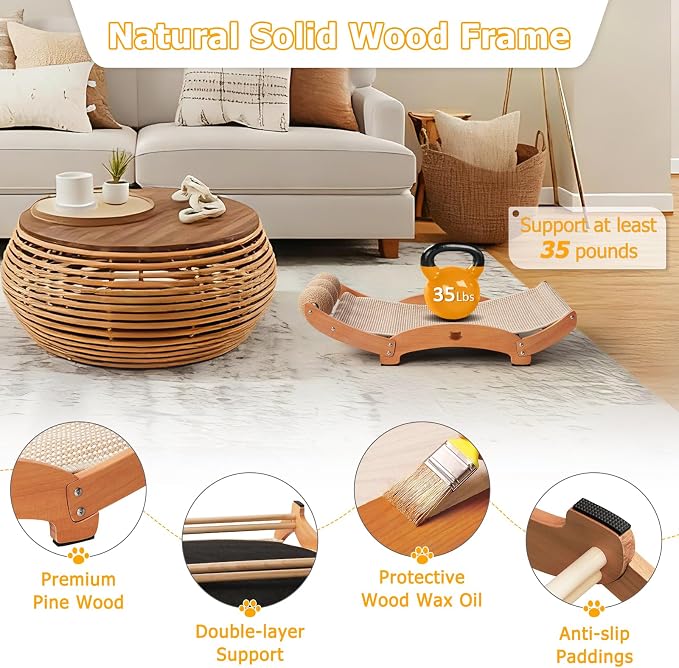 3 in 1 Sisal Cat Scratcher Bed, Solid Pine Cat Scratcher with Balls (Wood) | Extra Large Cat Scratching Post with Hammock, Cat Scratcher for Scratch & Play & Rest, Cat Furniture for Indoor Cats, Kitten