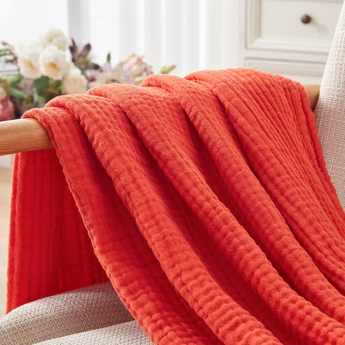 EMME Muslin Blankets for Adults Throw Blanket for Couch Breathable Gauze Soft Lightweight Airy Orange Rust Twin 60" x 80"