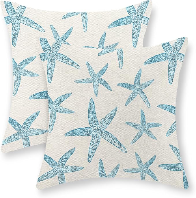 Blue Starfish Pillow Covers 18x18 Set of 2 Coastal Throw Pillows Spring Summer Nautical Ocean Theme Beach Decorative Pillow Cases Farmhouse Linen Outdoor Decor Cushion Case for Home Bedroom