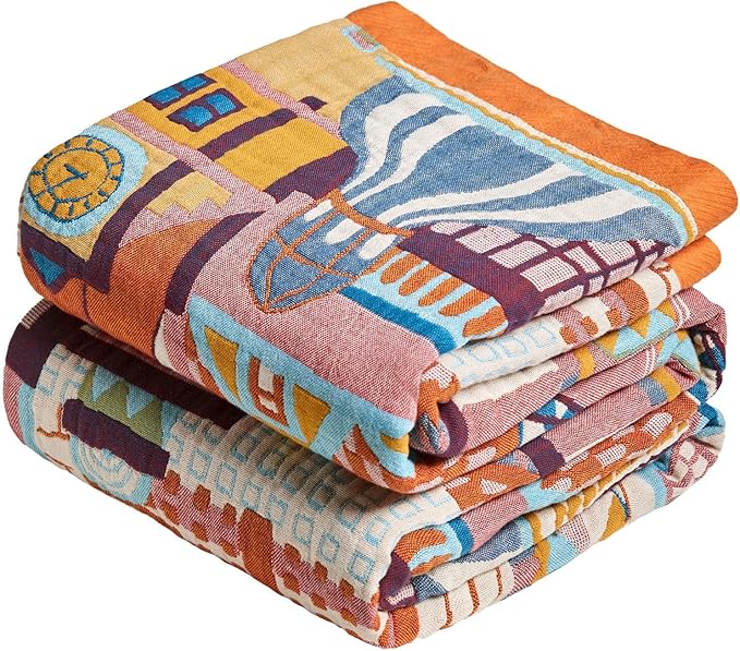LUTBM Boho Throw Blanket for Couch 50"x60", Cotton Decorative Bed Throws | Reversible Classical Architecture Jacquard, All-Season Lightweight Soft Blankets, For Chair Sofa Bedroom Living Room Decor