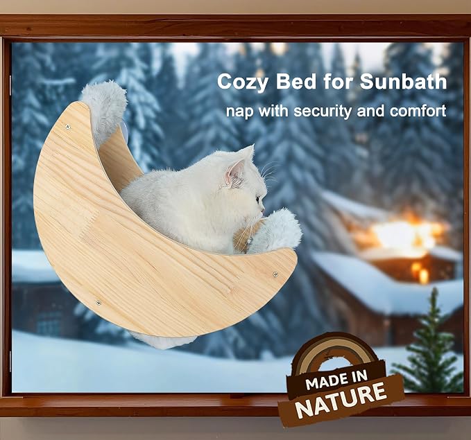 Cat Window Perch, Plywood Moon Bed with 4 Heavy-Duty Suction Cups | Ultra Plush Faux Wool Fur,Window-Mounted, Drill-Free, Up to 40 lb Support, For Small to Medium Cats, Machine-Washable Pad