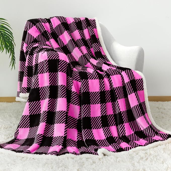 Sherpa Plaid Twin Blanket 60" X 70", Fuzzy Fluffy Soft Cozy Throw Blanket, Twin Size Plush Fleece Flannel Plush Microfiber Blanket for Couch Bed Sofa (Rosepink)