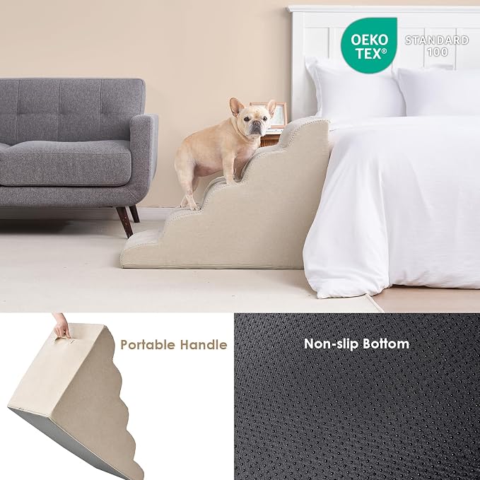 EHEYCIGA Curved Dog Stairs Ramp, 5-Step Extra Wide High Beds, Pet Step | 33D density of pure foam, for Small Dogs and Cats, Pet Stairs for High Bed Climbing, Non-Slip Balanced Indoor, Beige