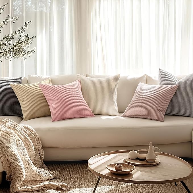 MIULEE Decorative Corduroy Throw Pillow Covers Set of 2 20x20 Pink | Soft Striped Textured Cushion Cases, Boho Square Lovely Cute Pillowcases, Home Decor for Couch Chair Sofa Bed Living Room