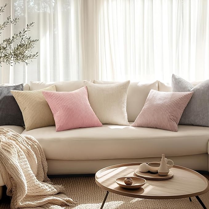 MIULEE Decorative Corduroy Throw Pillow Covers Set of 2 18x18 Pink | Soft Striped Textured Cushion Cases, Boho Square Lovely Cute Pillowcases, Home Decor for Couch Chair Sofa Bed Living Room