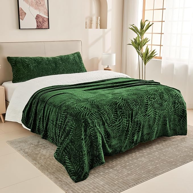 Super Soft Flannel Fleece Throw Blanket, 60 x 80 Inches, Olive Green | Lightweight Cozy Warm Leaves Textured Plush Blanket for Bed Couch Sofa