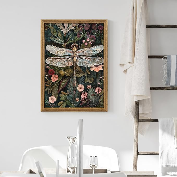 ICHZUMW Framed William Morris Vintage Dragonfly Canvas Wall Art 16x24 In | Dark Green Botanical Prints, Antique Aesthetic Wildflower Wall Decor for Bedroom Living Room Bathroom Office, Ready to Hang