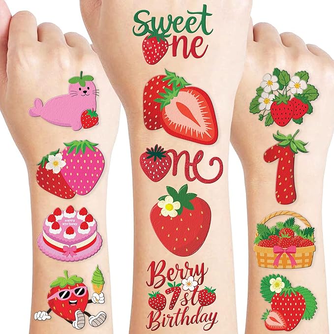 96PCS Strawberry Berry Pre-Cut Temporary Tattoos for Kids | Super Cute 1st Themed Birthday Party Favors, Supplies, Decorations, Funny Fake Tattoo Stickers (Multiple)