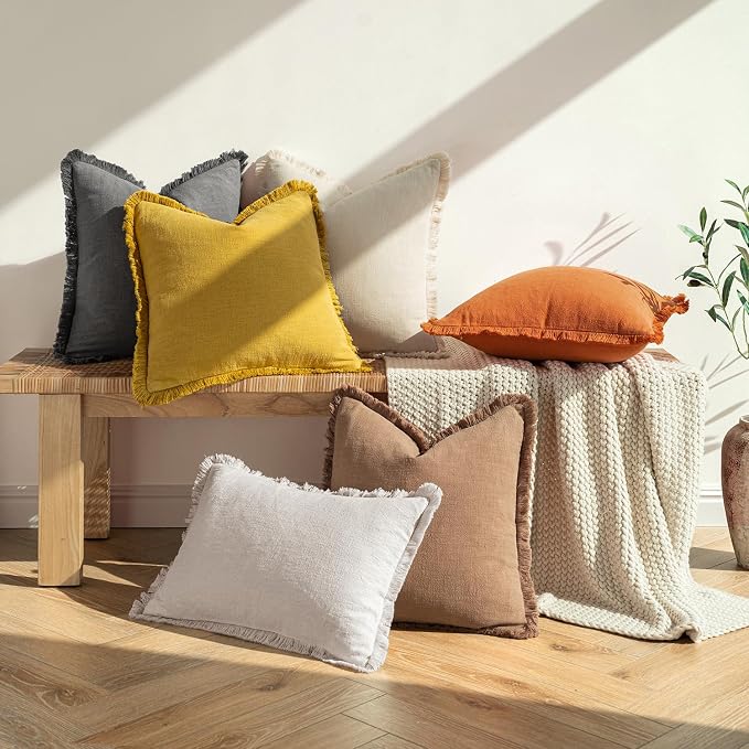 MIULEE Linen Decorative Fall Euro Throw Pillow Covers Burnt Orange 24x24 | Set of 2, Cottagecore Decor, Boho Farmhouse Neutral Fringe Pillow Covers, Rustic Fall Couch Cushion for Sofa Bed Living Room