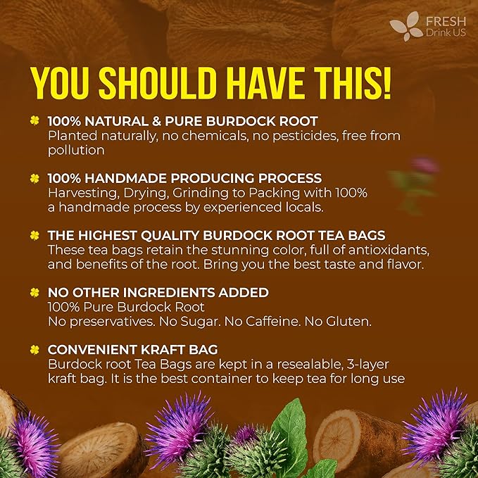 FreshDrinkUS, Premium 75 Burdock Root Tea Bags, 100% Natural & Pure, Herbal Tea. Made with Natural Material Tea Bags. No Sugar, No Caffeine, No Gluten, Vegan.