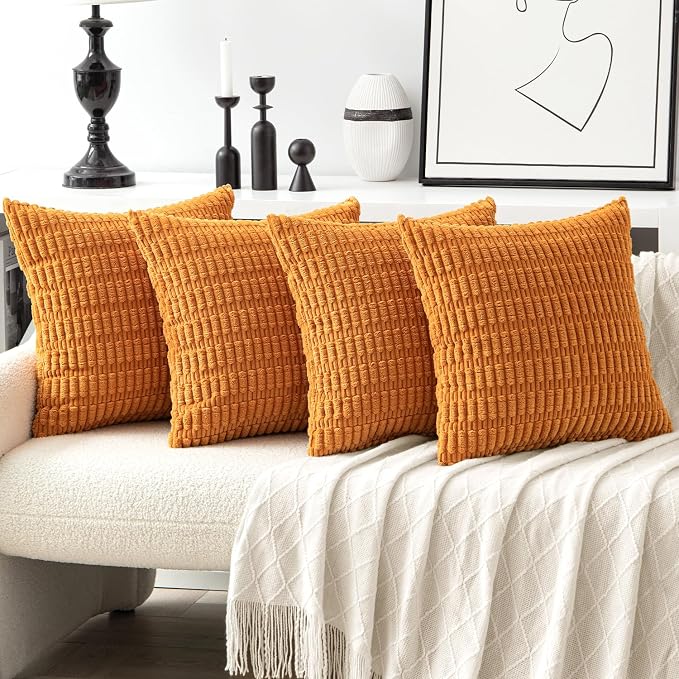 MIULEE Pack of 4 Fall Corduroy Throw Pillow Covers 18x18 Inch Burnt Orange | Neutral Rustic Farmhouse Boho Soft Striped Pillow Covers,Home Decor for Sofa,Living Room,Couch,Bed