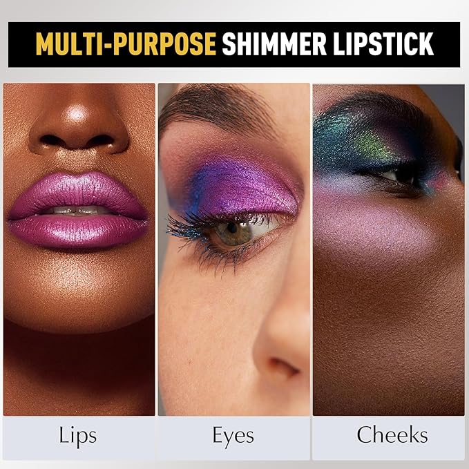 Glitter Lipstick Purple Shimmer, Metallic Lip Stick Long Lasting Waterproof Pearl Diamond Cream Lipstick Makeup Sparkle High Pigmented Shine Moisturizing Lip Balm Non Stick Cup for Women