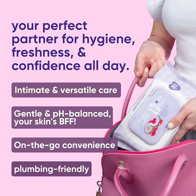 Violet Vibes Toilet-Friendly Coconut Rose Wet Wipes for Women | Butt & Vaginal Freshness | Soft, Clean, Refreshing Hygiene | Dermatologist Approved Flushable Feminine Wipe for Sensitive Skin 80 ct