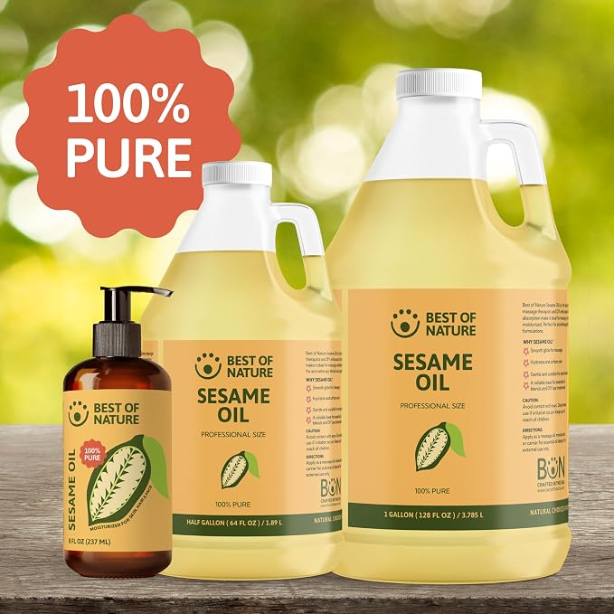 Best of Nature 100% Pure Sesame Oil – Natural Unscented Massage Oil, Deep Moisturizing Body & Skin Oil, Perfect Carrier Oil for Essential Oils, Half Gallon (64 fl oz)