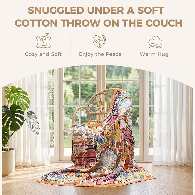 LUTBM Boho Throw Blanket for Couch 50"x60", Cotton Decorative Bed Throws | Reversible Classical Architecture Jacquard, All-Season Lightweight Soft Blankets, For Chair Sofa Bedroom Living Room Decor