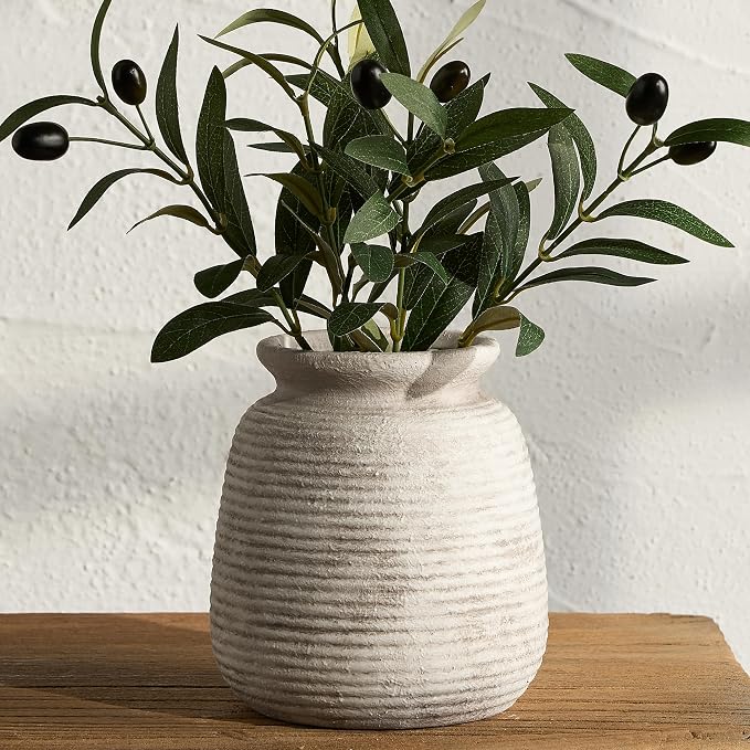 Ceramic Flower Vase, Small Vase Rustic Farmhouse Vases Home Decor Short Pottery Decorative Pampas Vase for Table Living Room Entryway Mantel Bookshelf Bedroom Bathroom Kitchen - 6" D