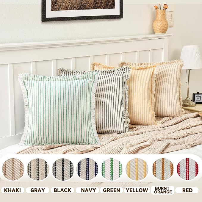 Throw Pillow Covers 22x22 Set of 2 Green Striped Pillow Covers with Fringe Chic Cotton Decorative Pillows Square Cushion Covers for Couch Bed Living Room Farmhouse Spring Decor
