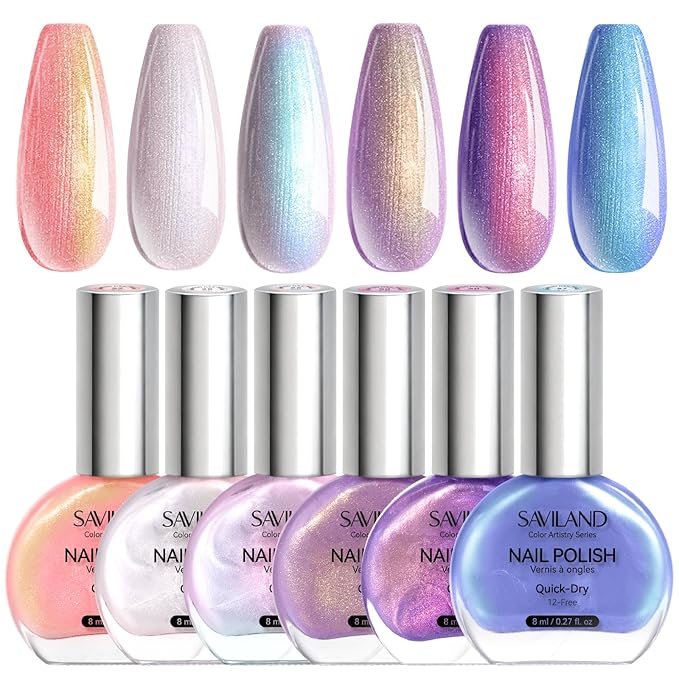 SAVILAND Pearl Nail Polish Set: Quick Dry 12-Free Aurora Nail Polish 6 Shimmer Purple Pink Blue Colors Fingernail Polish Set Summer Vegan Nail Toes Lacquer DIY Nail Art Home Use Christmas Gift Women