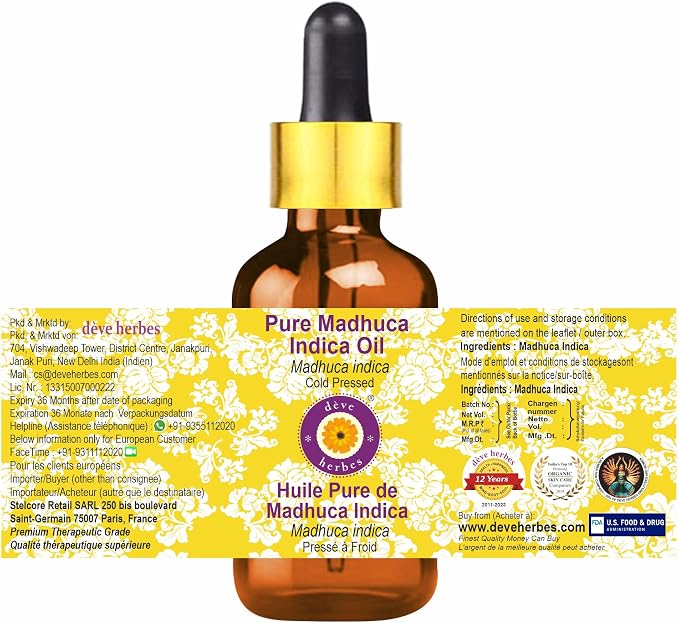 Deve Herbes Pure Madhuca Indica Oil (Madhuca Indica) with Glass Dropper Cold Pressed 10ml (0.33 oz)