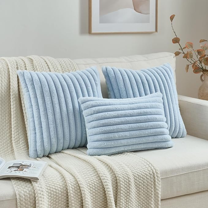 FUTEI Pack of 2 Faux Fur Throw Pillow Covers 12x20 Inch, Light Blue | Fluffy Faux Rabbit Fur Front/Premium Velvet Back,Hidden Zipper,Machine Washable,Non-Shedding,Colorfast,Insert Not Included.
