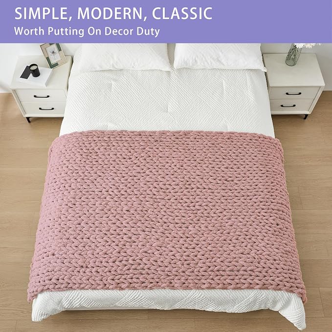 Bigacogo Chunky Knit Throw Blanket for Couch, 40x80 inches, Dusty Pink | Hand Knit with Jumbo Chenille, Soft Breathable Cable Knit for Sofa Bed Living Room, Machine Washable, Gift for Mom Friend
