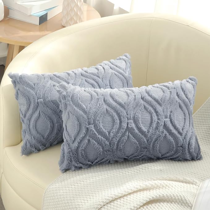 decorUhome Faux Fur Plush Soft Blue Grey Throw Pillow Covers 12x20 Set of 2 | Wool Solid Fall Couch Pillow Covers, Accent Modern Farmhouse Neutral Decorative Square Pillow Cases for Sofa Bed Living Room