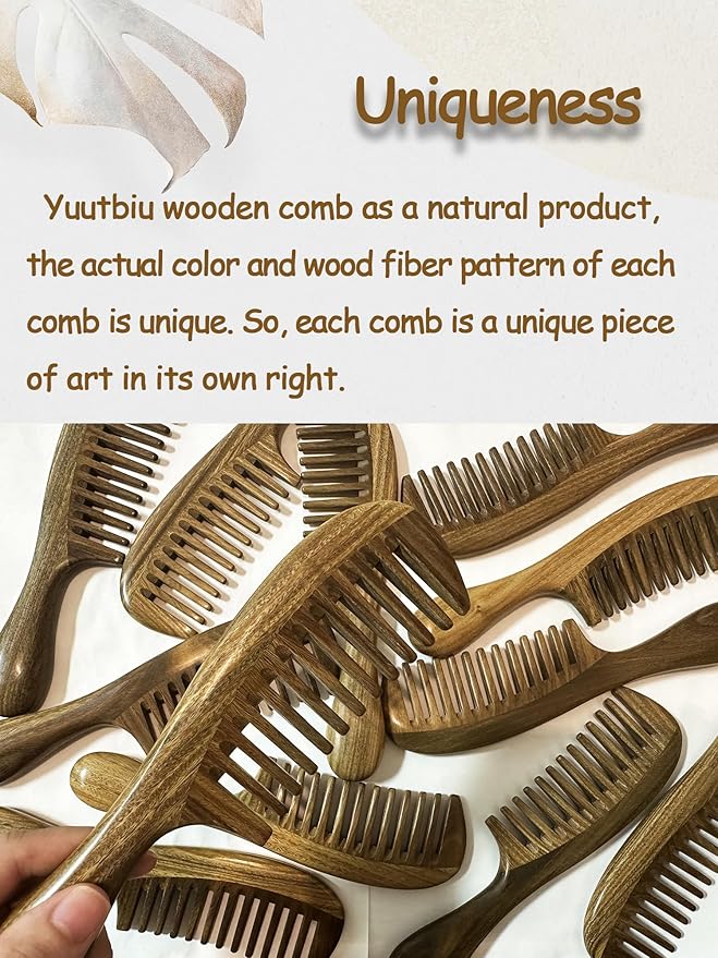 Yuutbiu Green Sandalwood Wide Tooth Hair Comb with Handle - Detangling Brush for Curly/Coily Hair, Split Ends Repair & Gentle Scalp Care (Anti-Static Wooden Design)