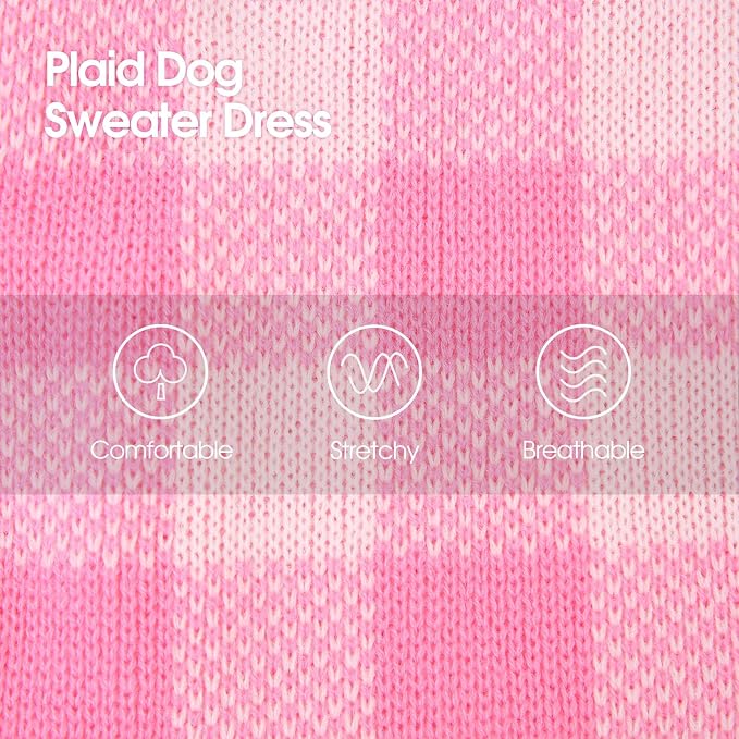 Dog Sweater Dress Plaid Knitwear for Small Medium Dogs Warm Puppy Pet Turtleneck Stretch Pullover Cute Fall Winter Vest Clothes with Leash Hole for Christmas (Pink, 2XS)