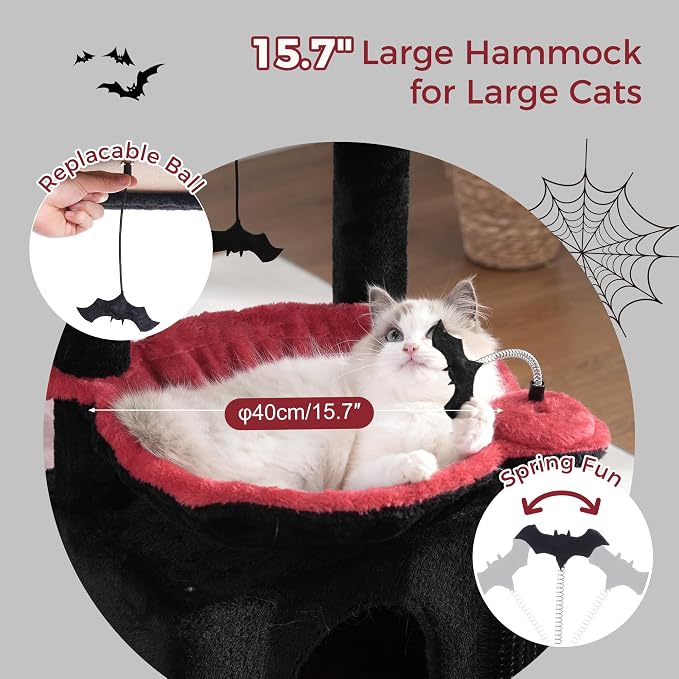Cat Tree 32” Small Cat Tower with Large Hammock 16”& Self Groomer | Gothic Cat Tree with Hammock 16” Dia, Removable Bed, Scratching Post & Self Groomer Small Cat Tree for Indoor & Adult Cats