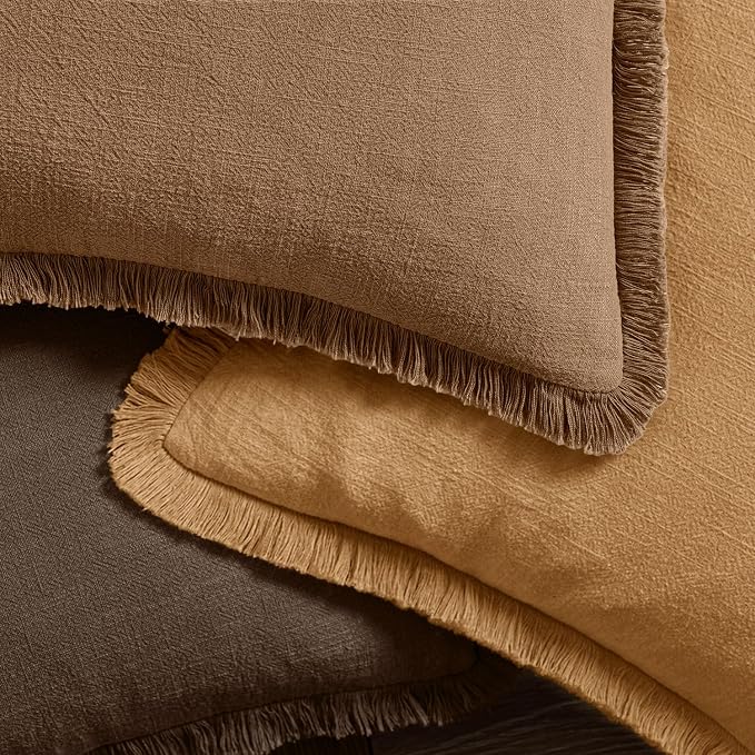 MIULEE Fall Linen Fringe Pillow Covers Set of 4 18x18 Orange/Yellow | Boho Farmhouse Decorative Throw Pillow Covers, Neutral Soft Rustic Cushion Cases, for Couch Sofa Bed Living Room Home Decor
