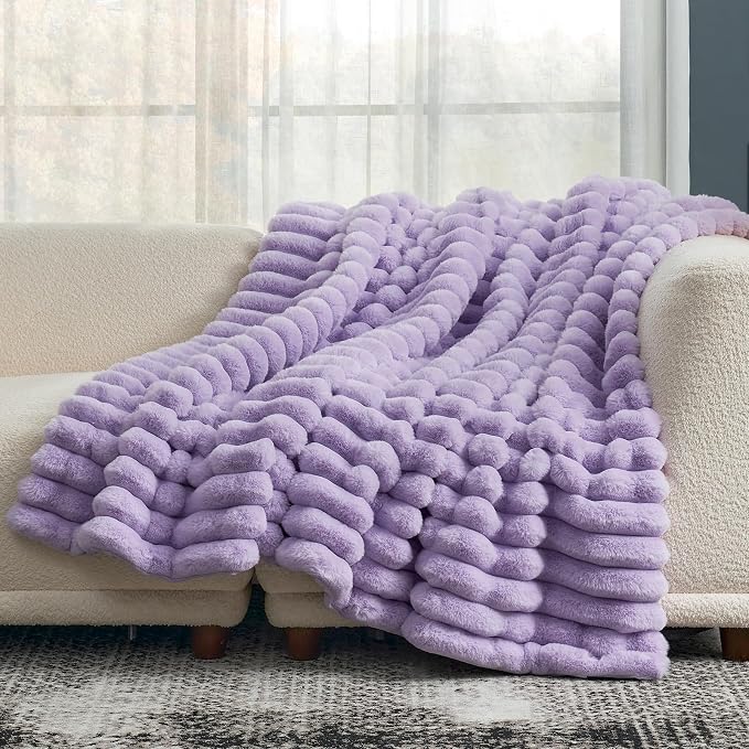 Cozy Bliss Faux Fur Throw Blanket for Couch, Cozy Warm Plush Striped Blanket for Sofa Bedroom Living Room, 50 * 60 Inches Lavender