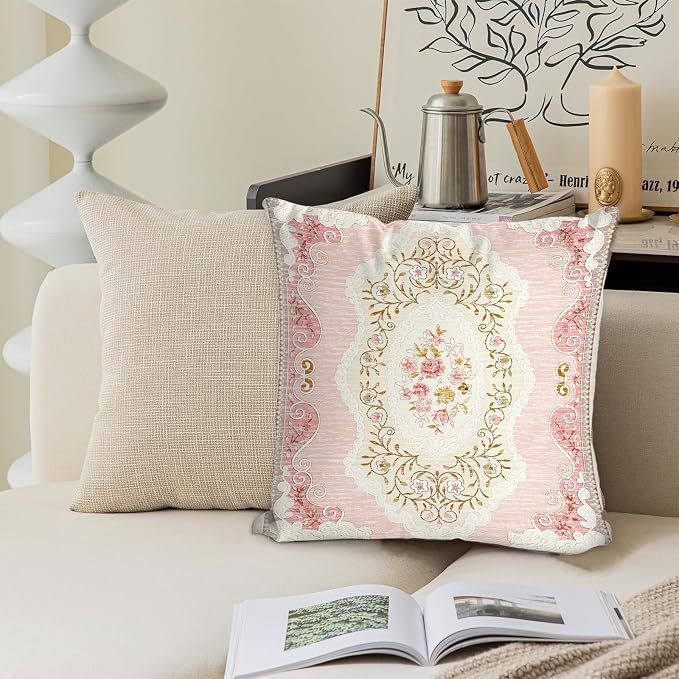 Boho Floral Throw Pillow Covers 18x18 inch Set of 2,Pink Boho Rug Geometric Floral Pattern Decor Double Sided Pattern Cushion Cover Soft Pillow Case Living Sofa Room Bed Square Pillow Cover