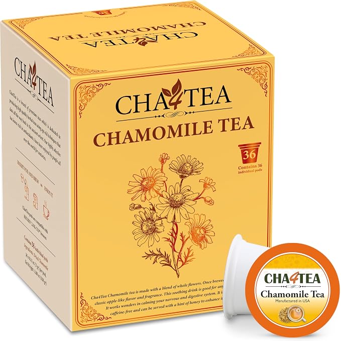 Cha4Tea 36-Count Pure Chamomile Herbal Tea Pods Compatible with Keurig Brewers - Bedtime/Sleep-Well/Nightly Calm/Relaxing Tea