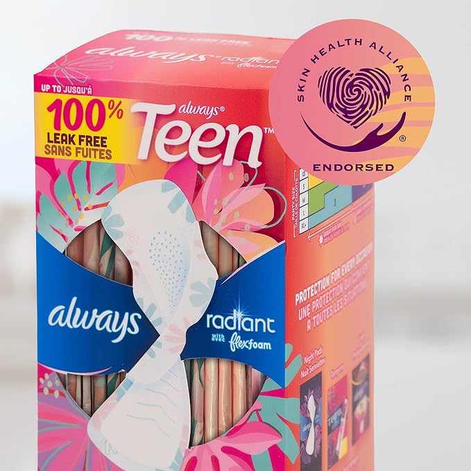 Always Radiant Teen Pads, Size 1, Regular, with Wings, Unscented, 42 Count (Pack of 2)