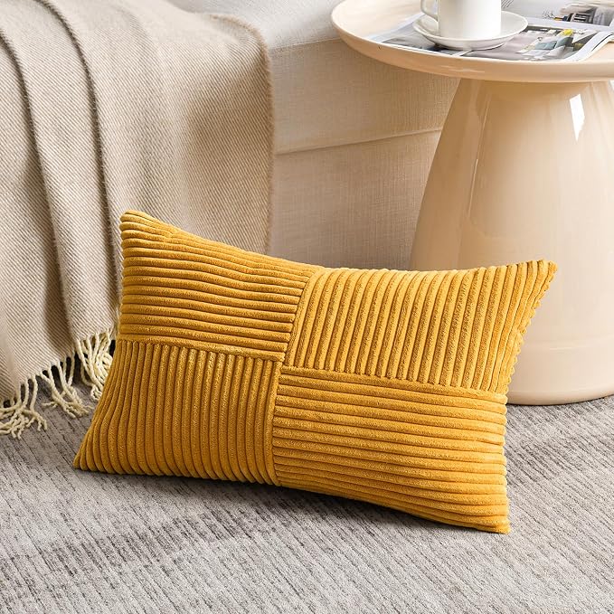 Fancy Homi Gold Yellow Lumbar Decorative Throw Pillow Covers 16x32 Inch for Living Room Couch Bed, Boho Farmhouse Fall Home Decor, Soft Corduroy Corss Patchwork Cushion Case 40x80 cm