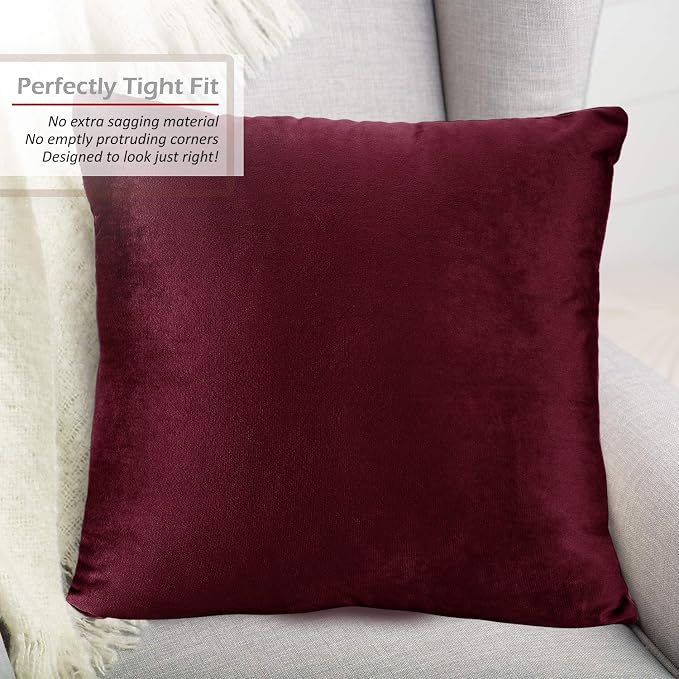 Throw Pillow Inserts Pack of 2 with Velvet Soft Solid Decorative Square Throw Pillow Covers Set for Sofa Couch Car Bedroom, 26X26 Throw Pillows Inserts with 24x24 Washable Cushion Covers, Burgundy Red