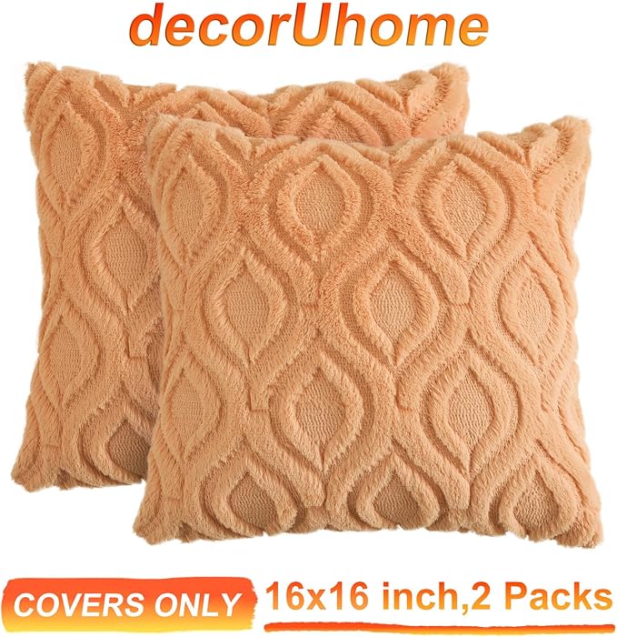 decorUhome Faux Fur Plush Light Orange Throw Pillow Covers 16x16 Set of 2 | Plush Solid Fall Couch Pillow Covers, Accent Modern Farmhouse Neutral Decorative Square Pillow Cases for Sofa Bed Living Room