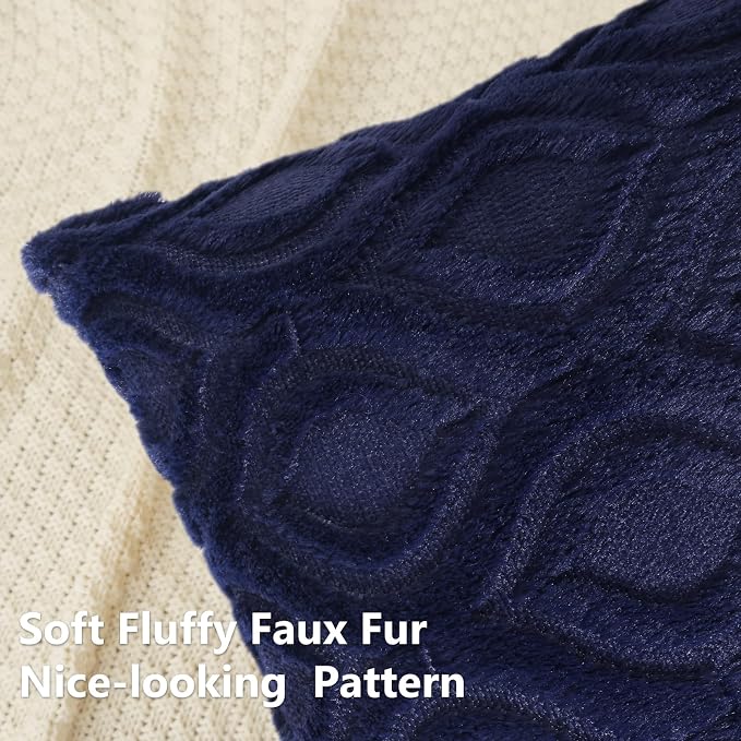 decorUhome Faux Fur Plush Soft Navy Blue Throw Pillow Covers 12x20 Set of 2 | Wool Solid Fall Couch Pillow Covers, Accent Modern Farmhouse Neutral Decorative Square Pillow Cases for Sofa Bed Living Room