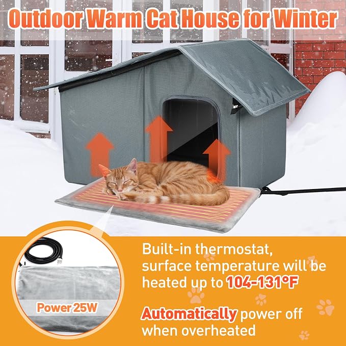 Weatherproof Heated Cat Houses for Outdoor Cats - Insulated Cat Shelter for Winter with Thermostatic Heating Pad and Escape Door, Warm Outside Pet House Gift for 1-2 Feral Cats (Medium)
