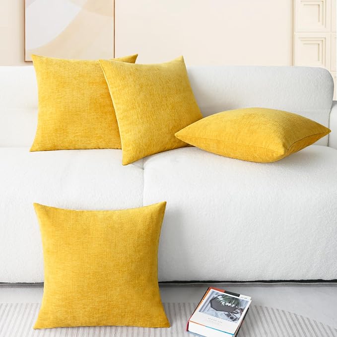 CaliTime Decorative Throw Pillow Covers 18 X 18 Inches Mustard Yellow | Pack of 4, Cozy Chenille Cushion Cases for Sofa Bed Living Room Farmhouse Home