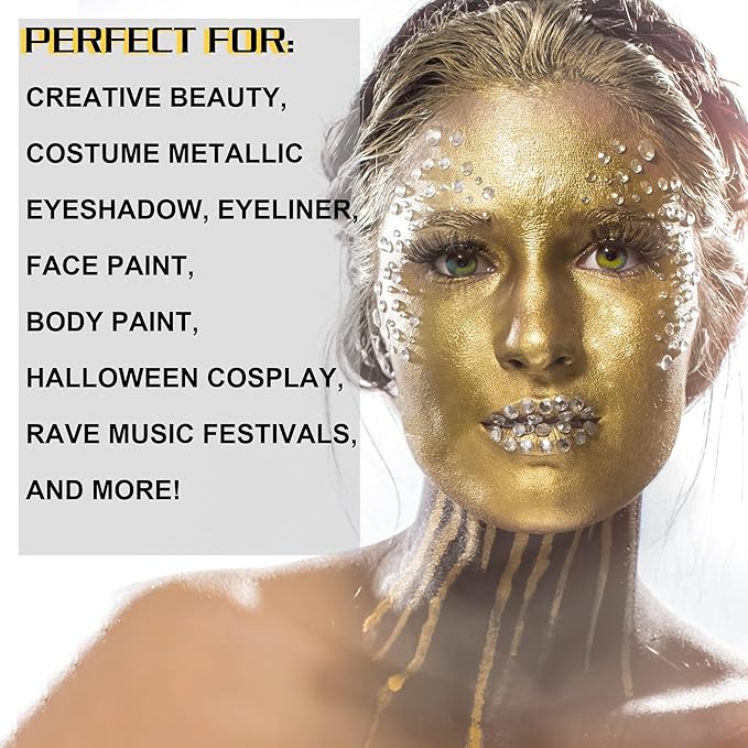 CCbeauty Gold Makeup Metallic Powder, Gold Metallic Chrome Powder For Face & Body Paint with Mixing Liquid, Shimmer Face Painting Kit For Halloween Costume Cosplay, Professional SFX Makeup Kit