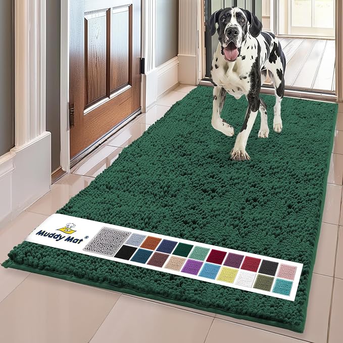 Muddy Mat® | Super Water Absorbent Door Mat Indoor, Microfiber Quick Dry Chenille Entryway Rug, Slip Resistant Front Door Mat, Indoor Mats for Entryway, Machine Washable Pet Rug, Dark Green 24" x 72"