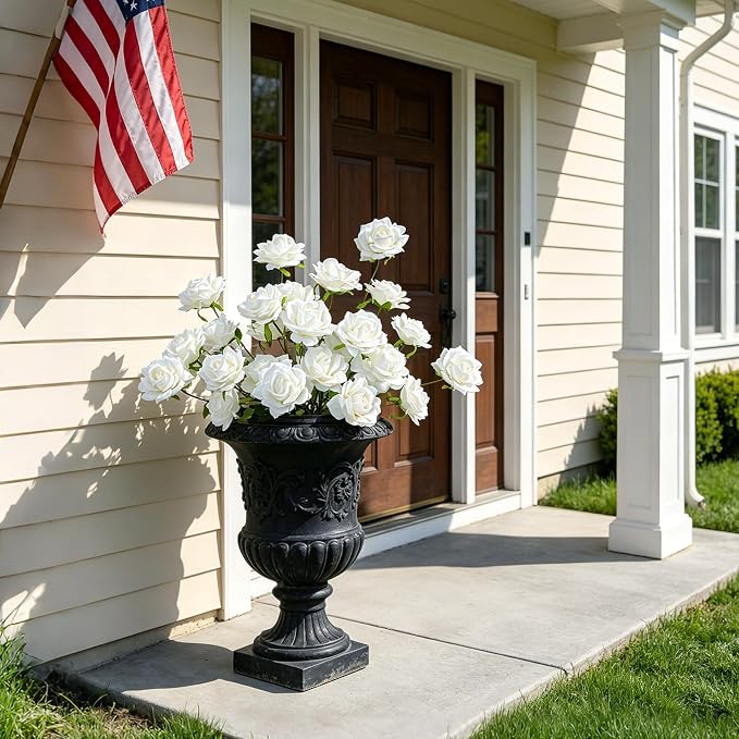 INXUGAO Artificial Flowers Fake Roses, 10 Pcs 28" Long Stem Silk White Roses for Outdoor Indoor, Realistic Faux Flowers for Tall Planter Vase Porch Patio Decor