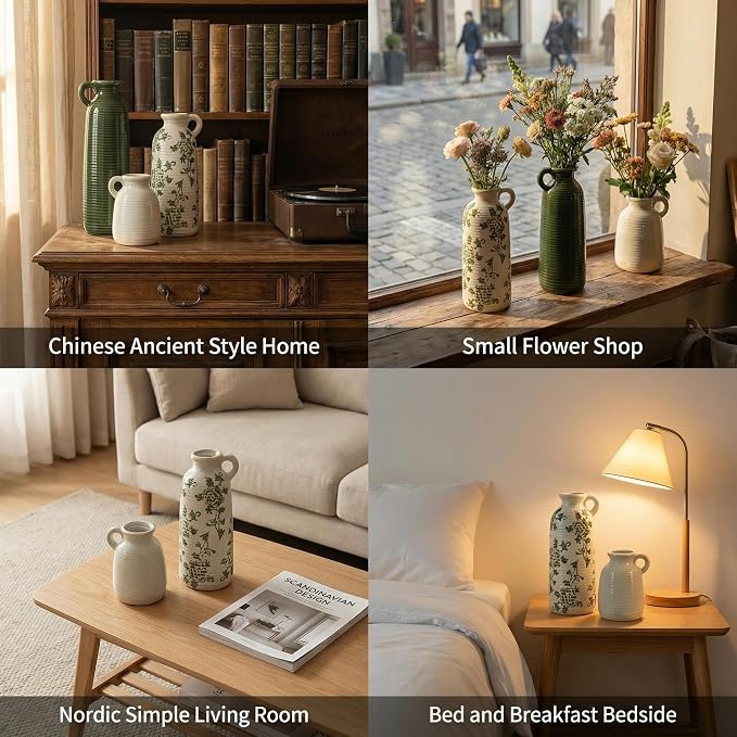 Ceramic Vase Set of 3 with Handles, Green White Neutral Rustic Modern Farmhouse Boho Decor, Versatile as Table Centerpiece or Mantel & Shelf Accent - Unique Home Gift Idea