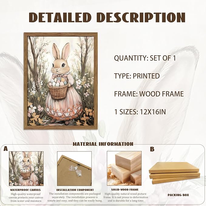 Framed Easter Bunny Canvas Wall Art, Rabbit & Egg Basket Poster Prints, Farmhouse Style Holiday Wall Decor, Vintage Rustic Home Artwork for Kids Room Bedroom Living Room 12x16 inch