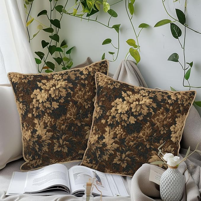 Vintage Dark Brown Flowers Velvet Pillow Covers 20x20 Inch Boho Retro Abstract Floral Throw Pillows for Couch Cushion Covers Pillowcase Bohemian Farmhouse Pillow Cases for Sofa Bed Bedroom