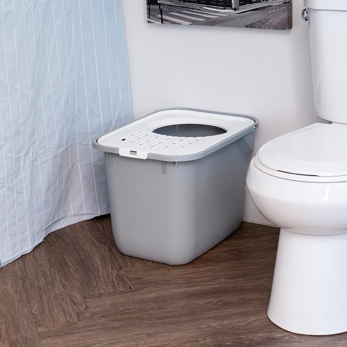IRIS USA Large Top Entry Cat Litter Box with Lid, Enclosed Covered Cat Litter Box for Indoor Cats, Dog Proof Design, Odor Control, Litter Tracking Reduction, Scoop Included, Gray/White