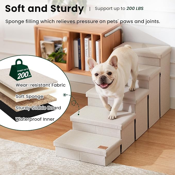 Love's cabin Dog Stairs for High Bed, Foldable Pet Stairs for Small Medium or Large Dogs Puppy with Storage for Bed or Couch, Cat Dog Steps Ramp with Zip up to 200 lbs, Beige, 5 Steps