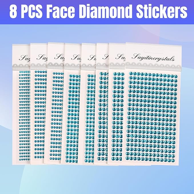 8 Sheets Rhinestone Stickers，3584 Pcs Gem Stickers for DIY Face Eyes Makeup Hair（Blue-3/4/5/6mm）