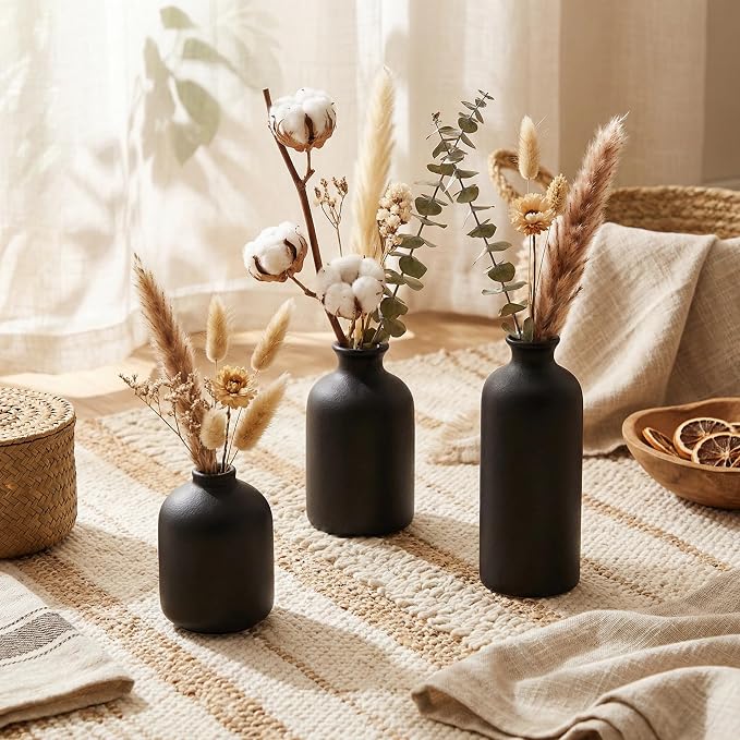 Small Ceramic Vase Set of 3,Modern Boho Farmhouse Flowers Vases | Decorative Vase for Dried Flowers,Pampas Grass,Home Decor,Shelf,Bathroom,Centerpiece for Entryway Table Distressed
